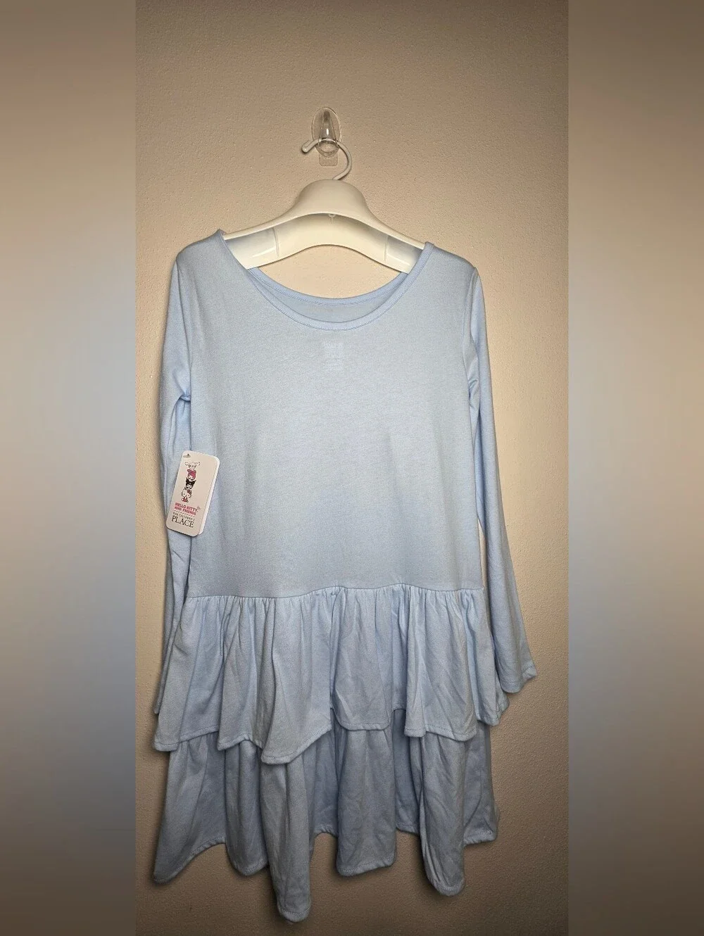 Light Blue Long-Sleeve Ruffle Hem Kids Dress with Cute Face Detail